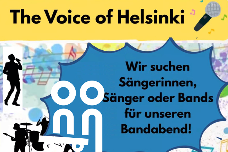 Gelbe und blaue Grafik mit dem Titel „The Voice of Helsinki“. Gesucht werden Sängerinnen, Sänger und Bands für einen Bandabend. Silhouetten von Musizierenden sowie ein Mikrofon und bunte Noten ergänzen das Motiv.
