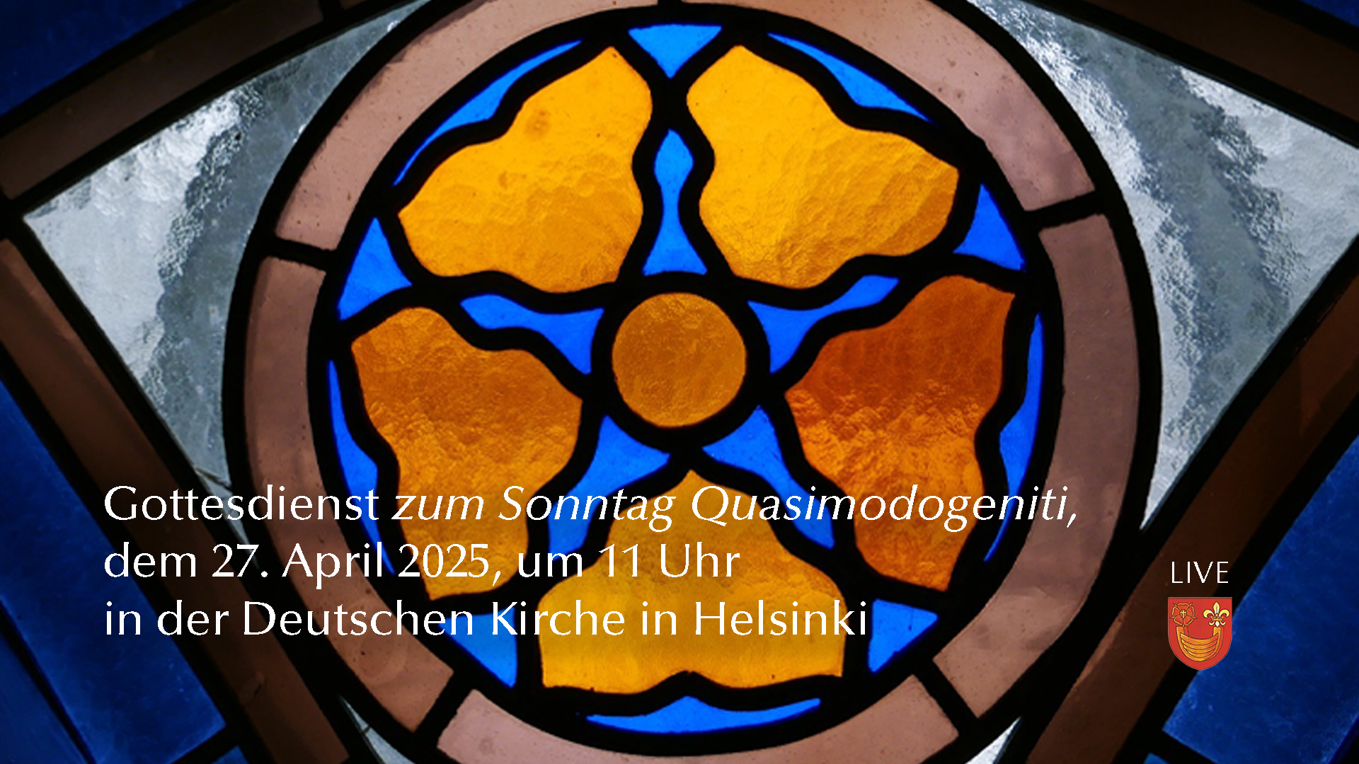 Gottesdienst zum Sonntag Quasimodogeniti in Helsinki Detail im Kirchenfenster der Deutschen Kirche in Helsinki.