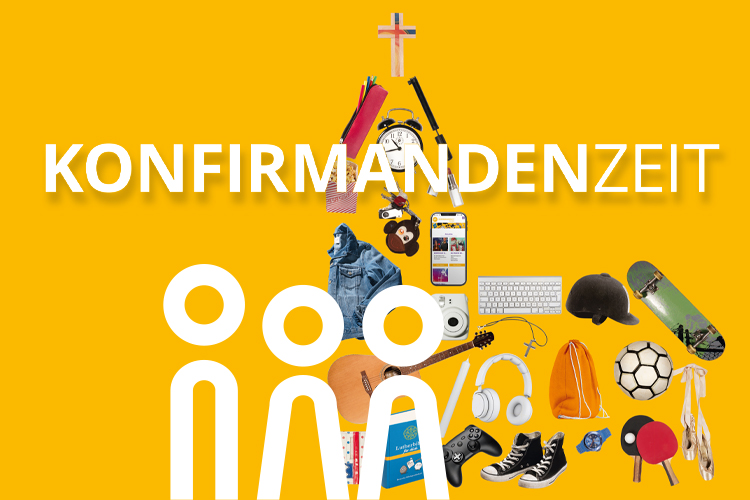 Gelbe Grafik mit dem Schriftzug „Konfirmandenzeit“, drei stilisierten weißen Figuren und einer Collage aus Gegenständen aus dem Alltag Jugendlicher, darunter Smartphone, Gitarre, Kopfhörer, Fußball, Skateboard und Kreuz.