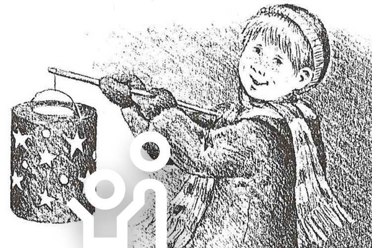 Schwarz–weiße Zeichnung eines warm gekleideten Kindes, das lächelnd eine mit Sternen verzierte Laterne an einem Stab trägt.