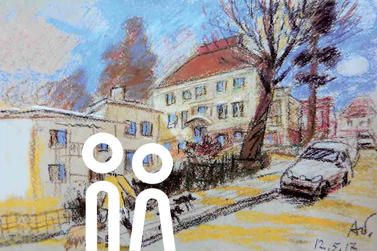 Farbiges Gemälde mit dem Motiv des Seniorenwohnheims in Munkkiniemi.