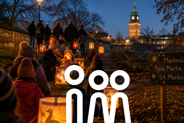 Kinder und Familien ziehen mit leuchtenden Laternen in der Abenddämmerung durch den Park in Richtung Dom..
