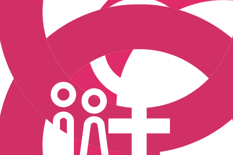 Rosa-weißes Logo mit dem Venussymbol (♀) und zwei stilisierten Personenfiguren. Im Hintergrund überlappen sich kreisförmige Formen. Das Design steht für Gemeinschaft und Frauenverbundenheit.