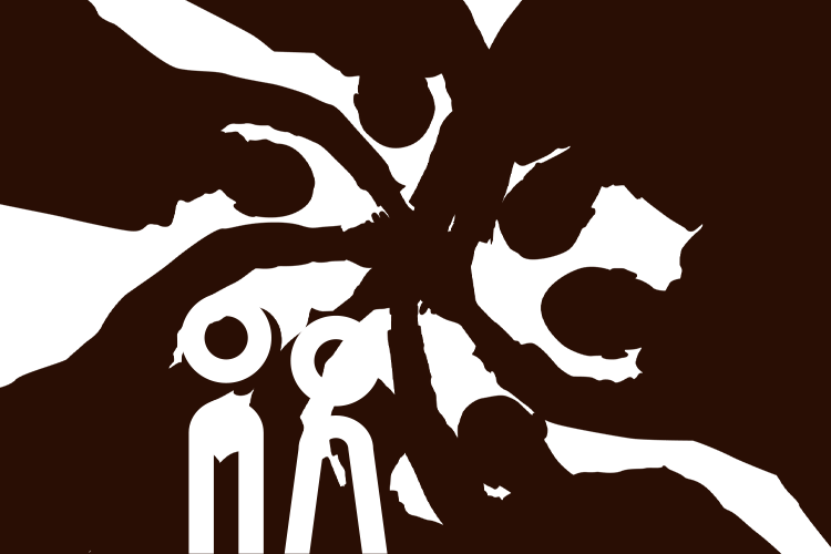 Der Hintergrund des Bildes zeigt mehrere stilisierte Hände, die sich von den Rändern zur Bildmitte hin ausstrecken. Die Hände sind in einem kreisförmigen Muster angeordnet, was den Eindruck von Zusammenhalt oder Gemeinschaft vermittelt. Im Vordergrund befinden sich zwei einfache, stilisierte Figuren, die nebeneinander stehen.