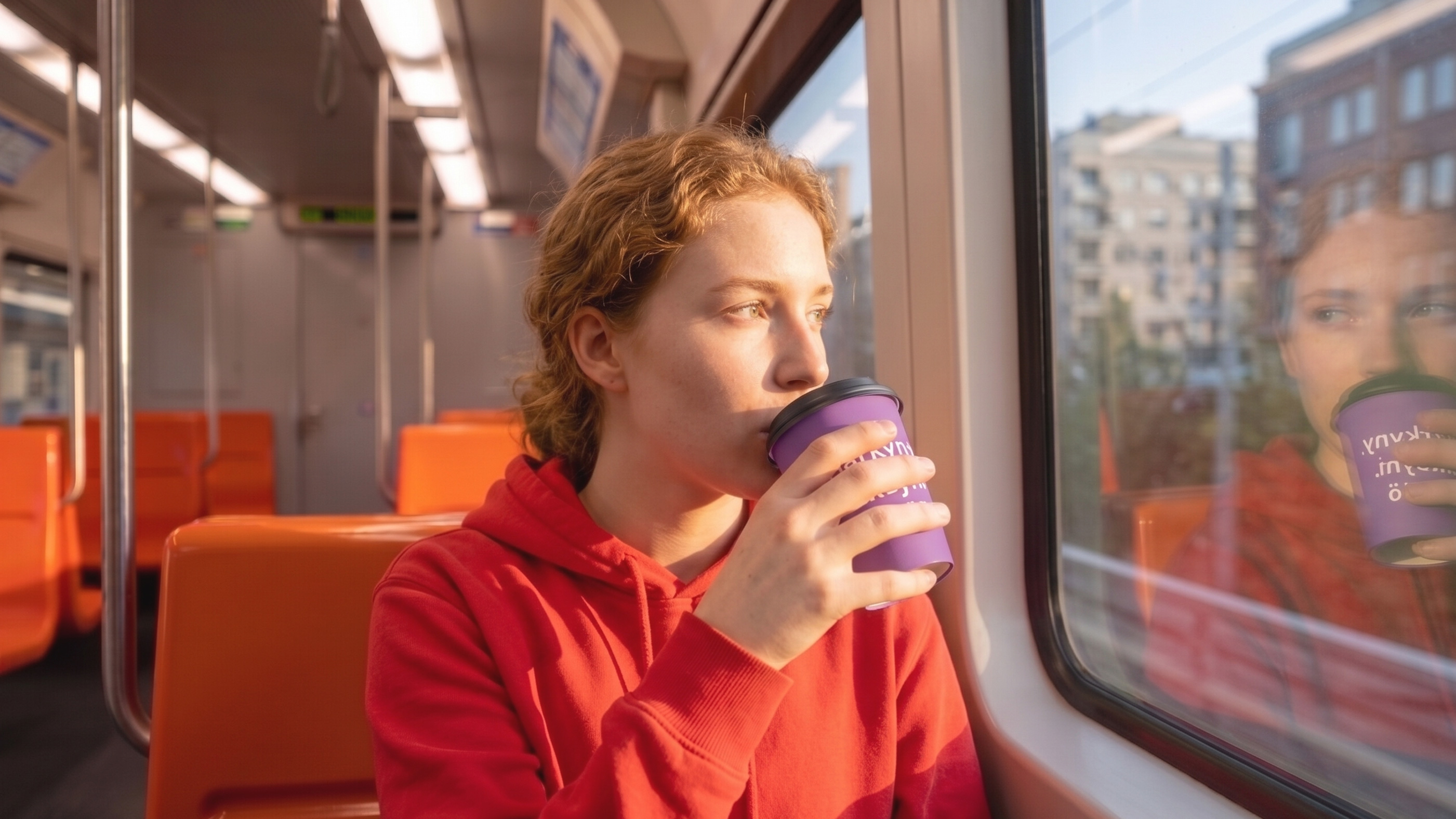 Junger Mensch in der Metro blickt aus dem Fenster und nippt an einem Becher.