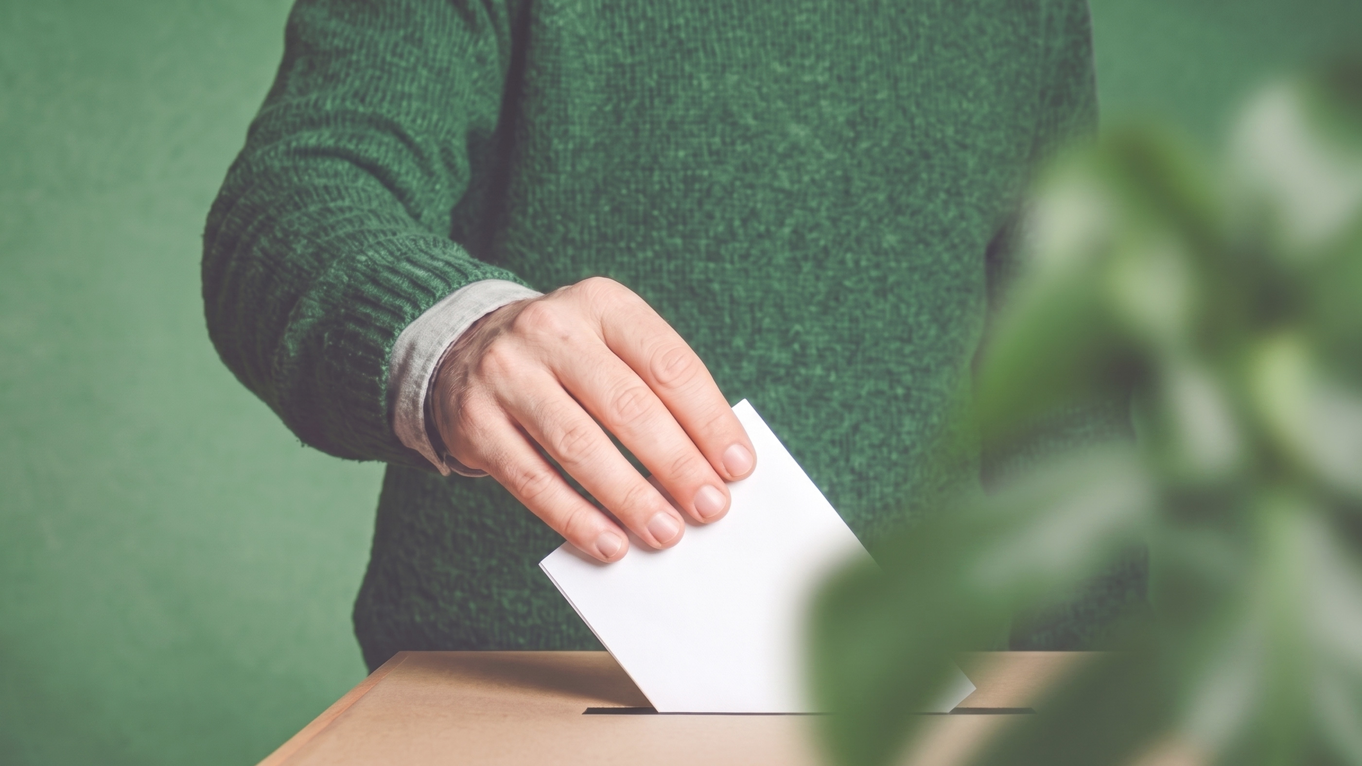 Person lässt ein Blatt in den Schlitz eine Wahlurne gleiten.