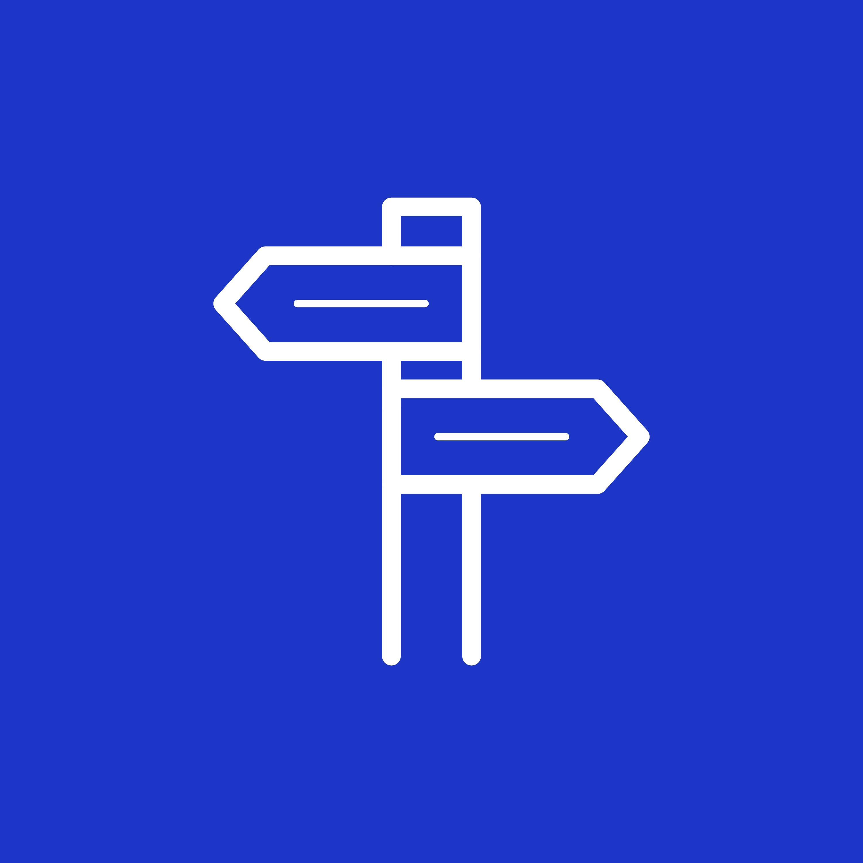 Linienillustration eines Wegweisers mit zwei Pfeilen in entgegengesetzte Richtungen auf blauem Hintergrund.
